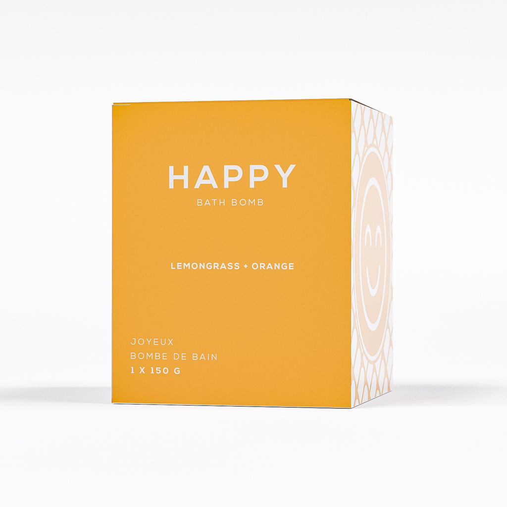 happy bath bomb by bare skin bar in orange box