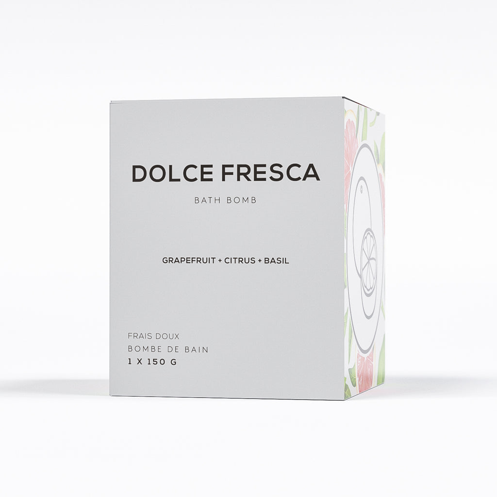 dolce fresca bath bomb by bare skin bar in grey box